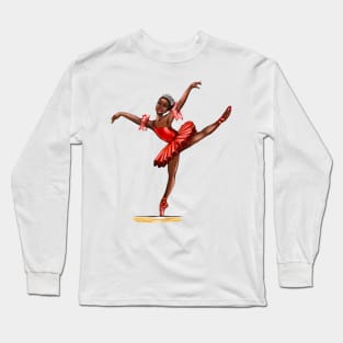 Ballet in red pointe shoes and crown - ballerina doing pirouette in red tutu and red shoes  - brown skin ballerina Long Sleeve T-Shirt